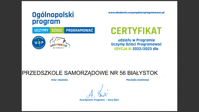 CERTYFIKAT UDZIAŁU W UCZYMY DZIECI PROGRAMOWAĆ